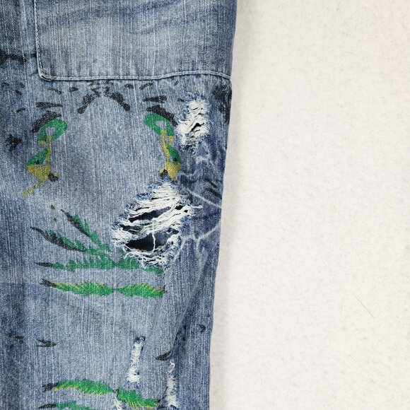 Monthorigin Overalls Womens Large Blue Floral Print Bibs Denim Distressed Casual - Picture 4 of 14